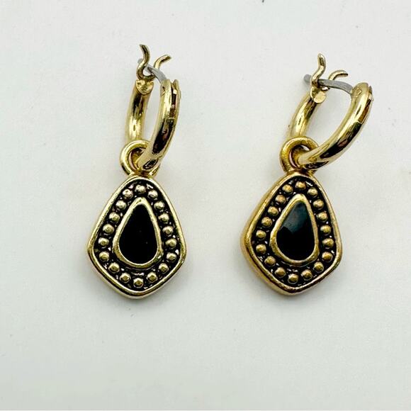 Vintage Monet Earring Black Gold Teardrop Dainty Pierced Signed Retro VTG - Picture 5 of 5